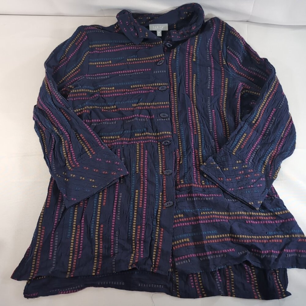 Habitat Clothes To Live Button Woven Stripe Shirt Blouse Multicolor Navy Blue M